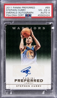 2011 Panini Preferred "Emerald Autographs" #89 Stephen Curry Signed Card (#5/5) - PSA VG-EX 4, PSA/DNA 9